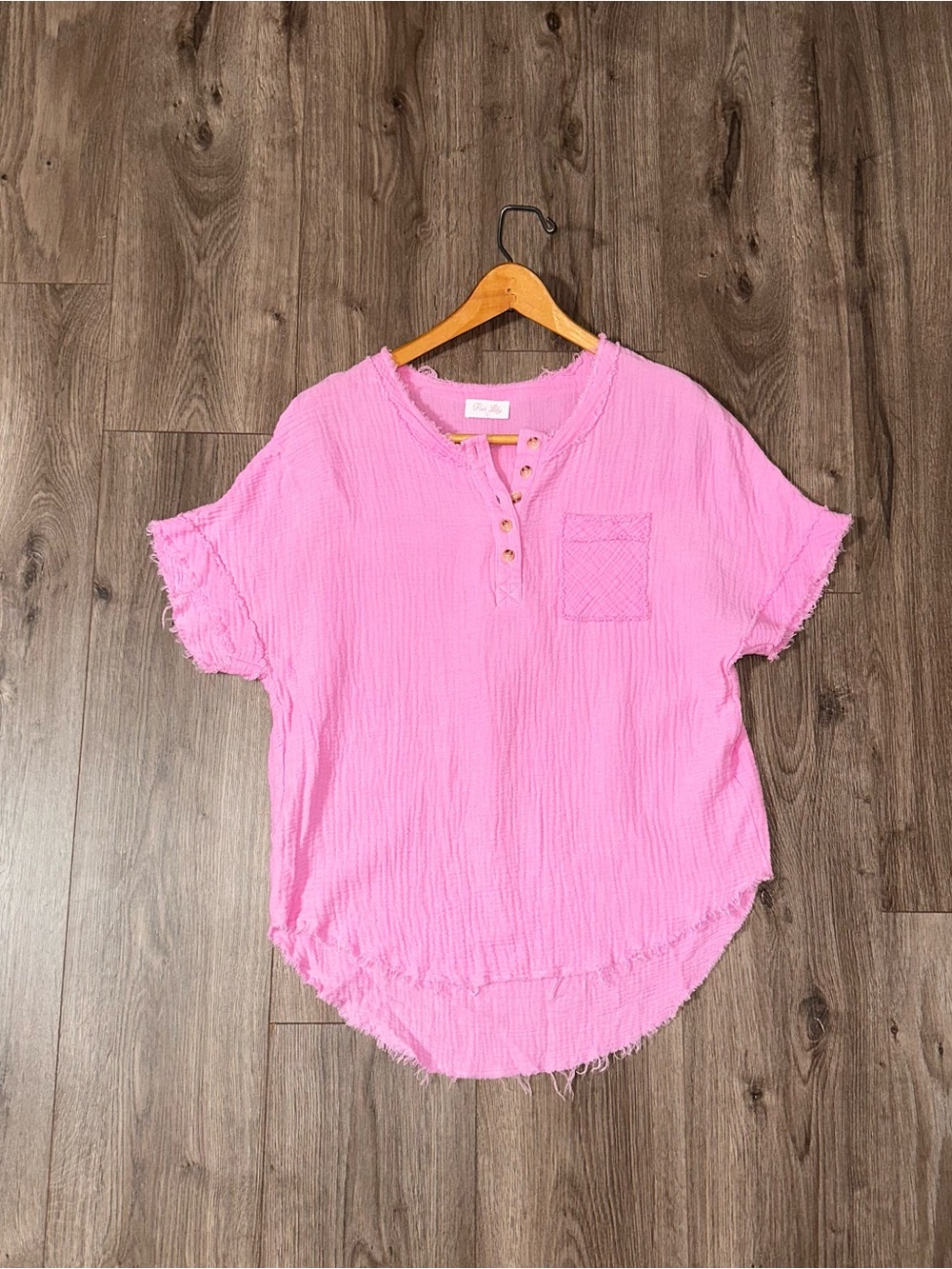 Pink Lily Cotton Short-Sleeve Double Gauze Henley Top